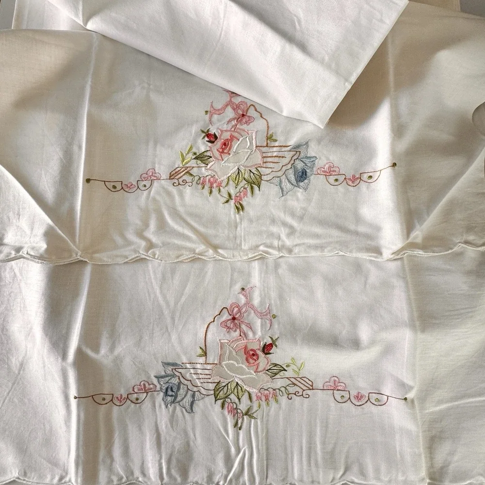 Vintage Hand Embroidered Pillowcases Set Katen & Sayers‎ Hong Kong Floral NWT